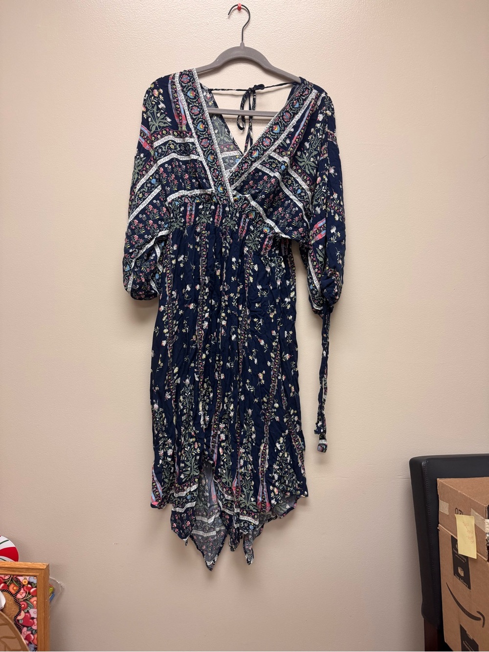Umgee Navy Floral Asymmetrical Boho Dress
